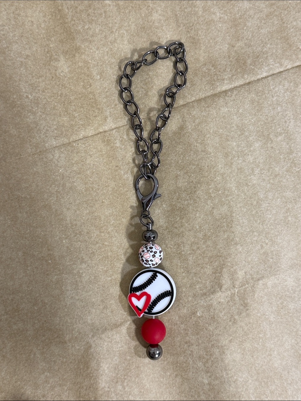 Red and White Baseball Heart Charm Keychain